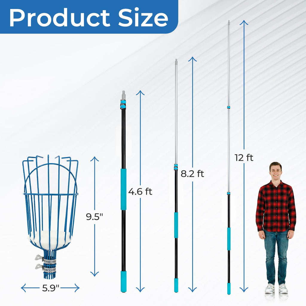 MAVRIZ 5-12ft Fruit Picker Pole with Basket, 20FT Reach Telescoping Apple Picker Extension Pole, Fruit Grabber for Harvesting Mango, Orange, Lemon, Avocado, Pear - Sturdy Aluminum Fruit Tree Picker