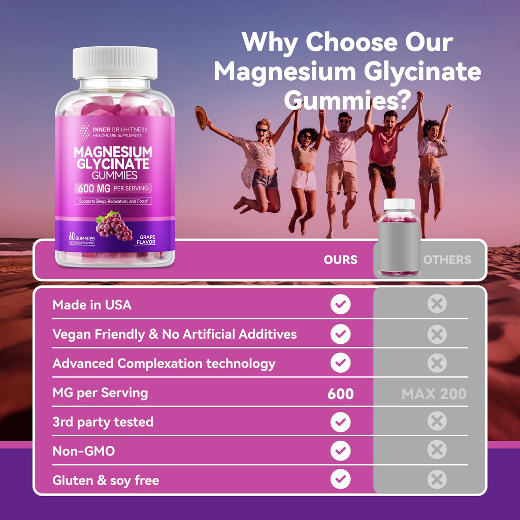 Magnesium Glycinate Gummies 600mg, Non-GMO, Gluten-Free, Magnesium Gummies for Adults & Kids, Sleep, Relaxation & Focus, Grape Flavor, 60 Count