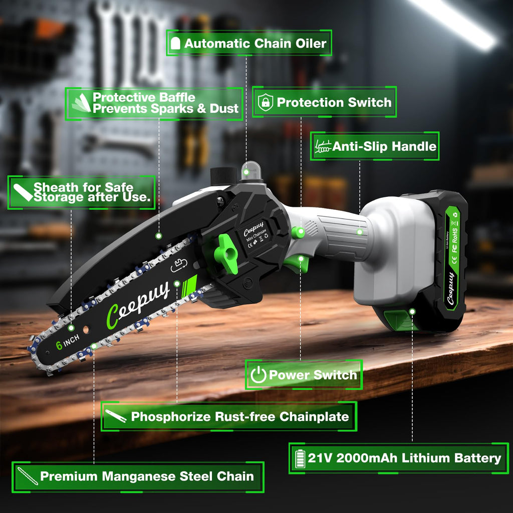 CEEPUY Mini Chainsaw Cordless,6 Inch Portable Electric Chainsaw with 2 Batterys/Automatic Oiler/Security Lock/Powered Small Handheld Saw for Trees Branches Trimming,Gifts for Father Men Dad Husband