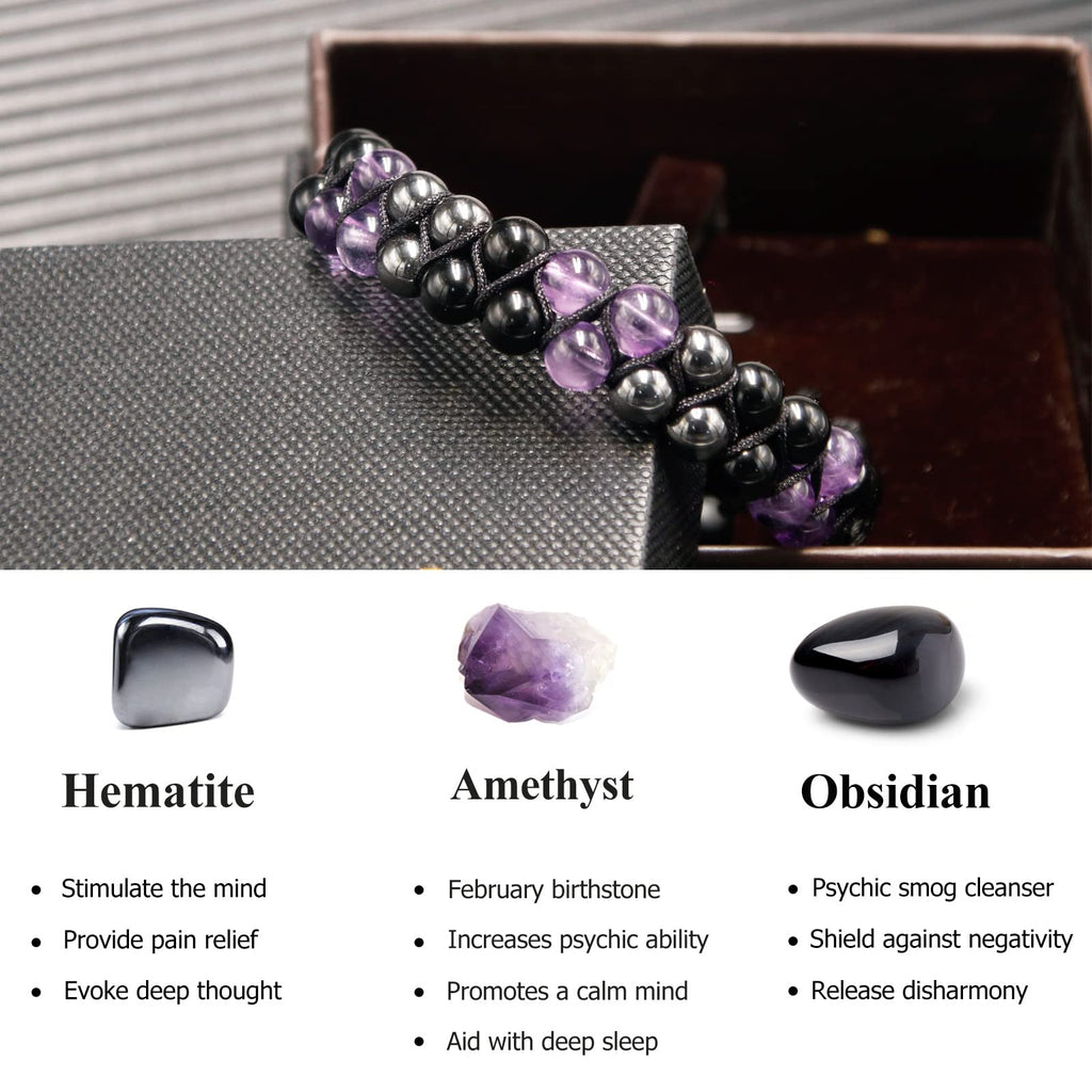 Triple Protection Bracelet for Women, Genuine Healing Crystal Bracelet Amethyst Black Obsidian Hematite 6mm, Pyramid Energy Crystal Beads Bracelets Stone Bracelets for Mom Wife for Protection Balance