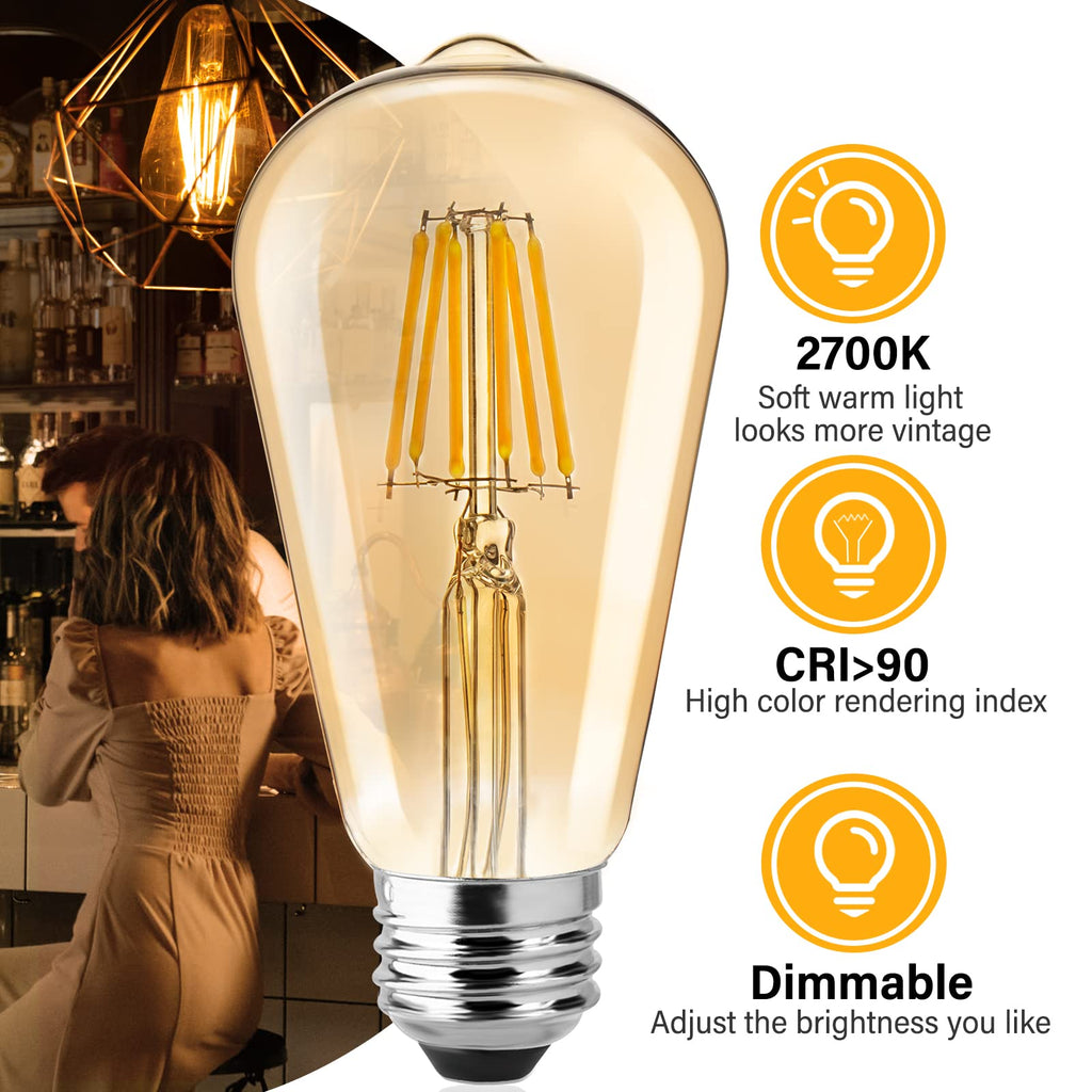 Brightown Edison Bulb, Dimmable 6W E26 LED Bulbs 60 Watts Equivalent Warm White, 6 Pack