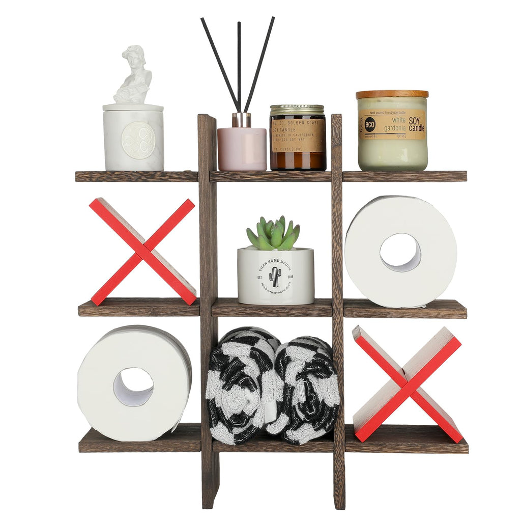 Weysat Tic Tac Toe Toilet Paper Holder Stand Bathroom Wall Decor Rustic Wooden Hanging Storage Freestanding Wall Mounted Shelves Decor for Toilet Tissue Farmhouse