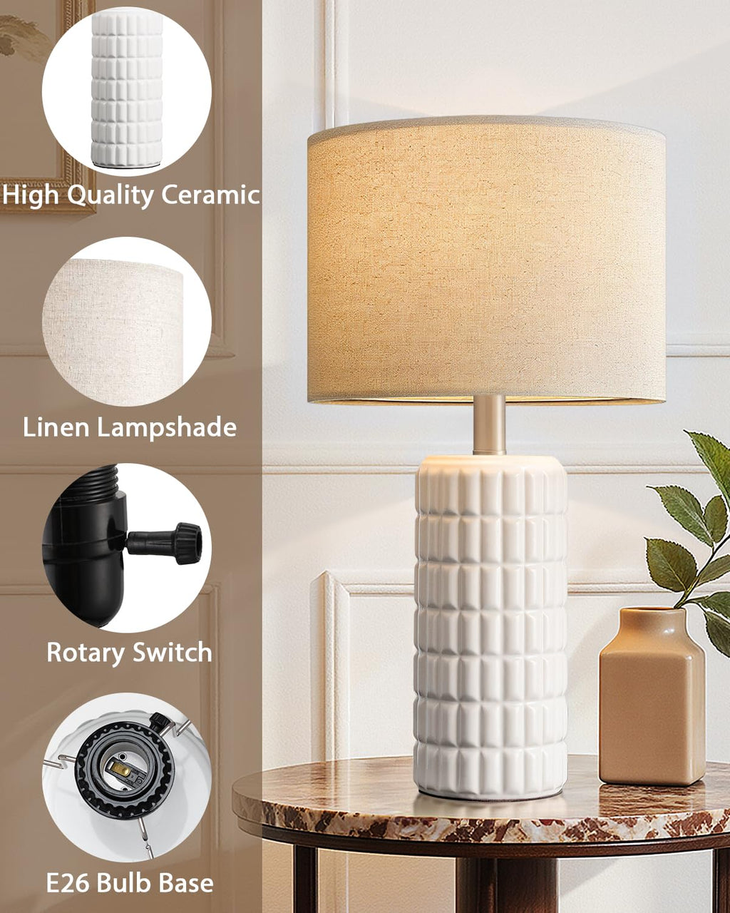 Seealle 23" Modern Ceramic Table Lamps - Table Lamps for Living Room, Farmhouse Bedside Night Stands Lamp for Bedroom, White Boho Nightstand Lamps, Desk Lamp for End Table Home Decor(Single)