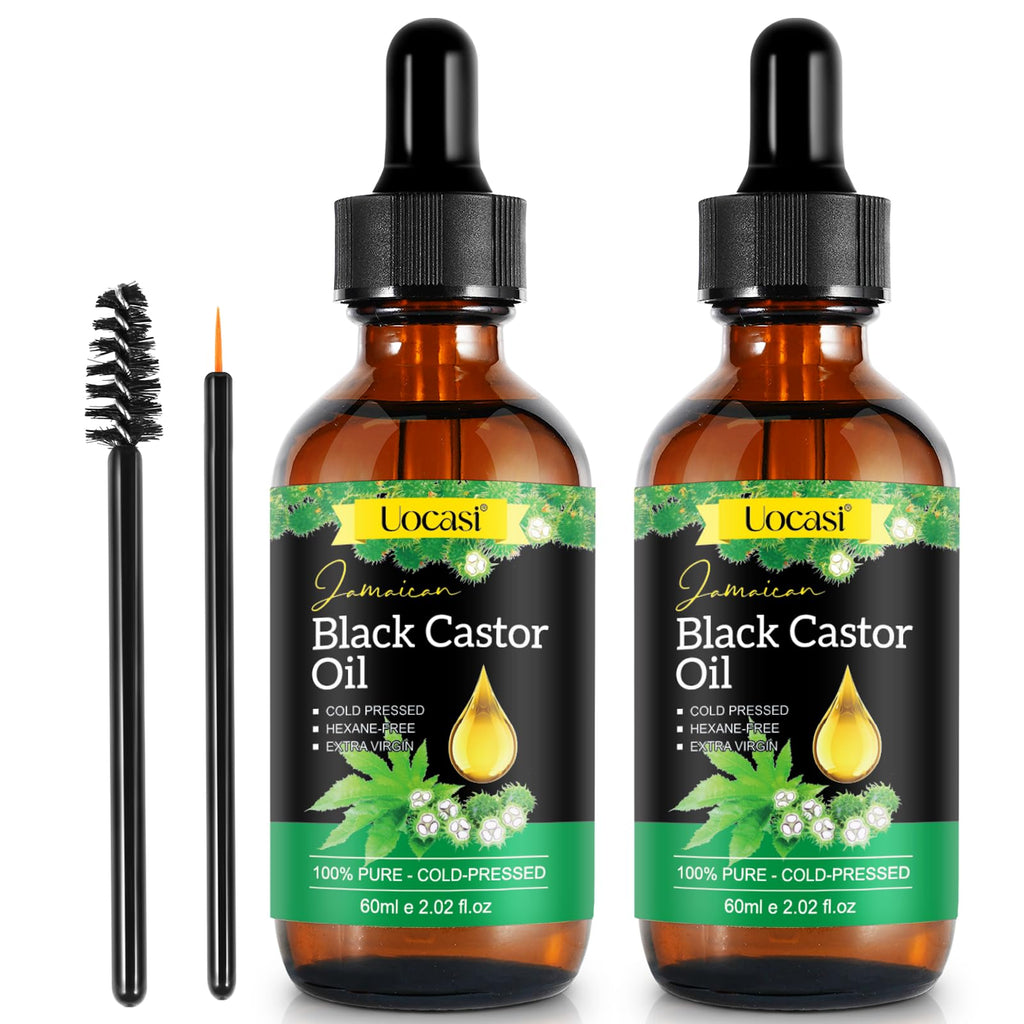 Uocasi Jamaican Black Castor Oil - 2Pack, 100% Pure and Organic, Cold Pressed in Glass Bottles for Hair Growth, Eyebrow Nourishment, and Skin Hydration, 4.04 Oz