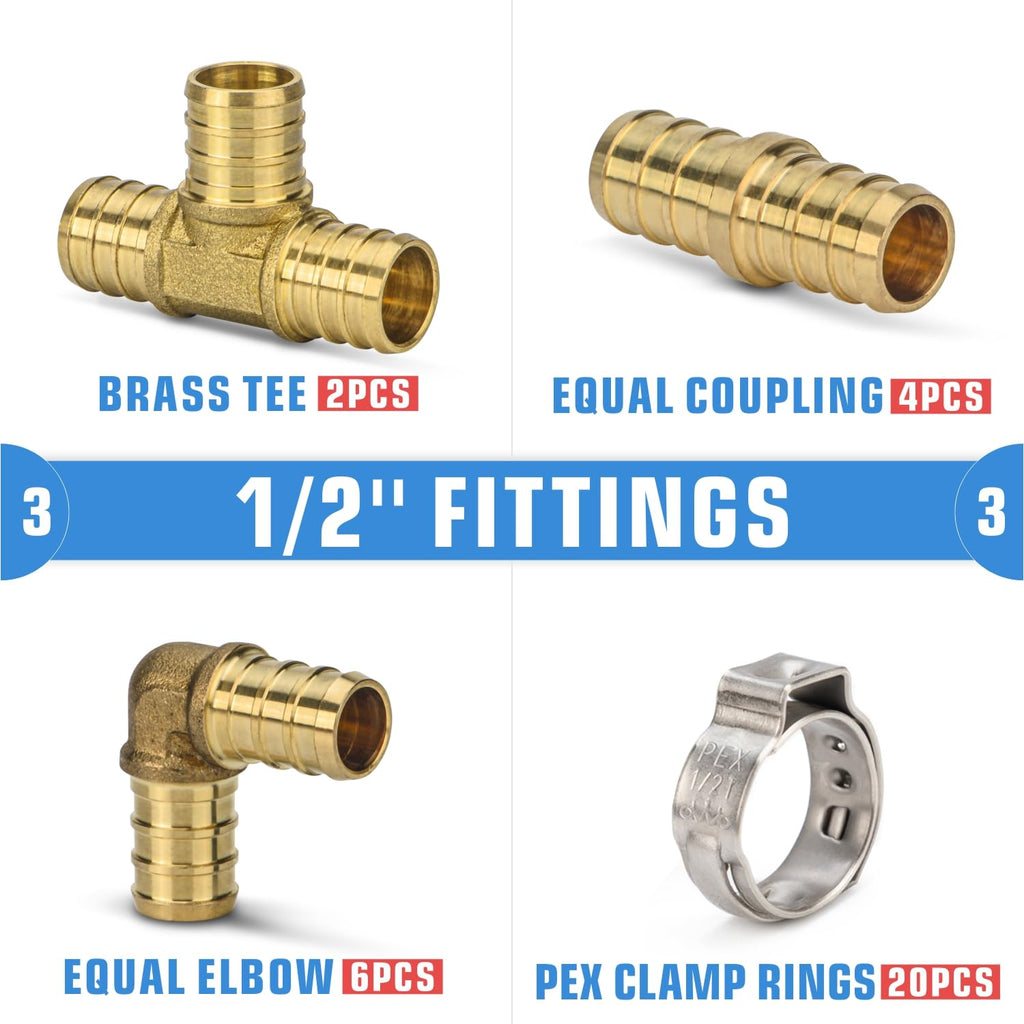 iCrimp PEX Clamp Tool PEX Fitting Kit for Cinch and Removal 3/8-in, 1/2-in, 3/4-in, 1-in PEX Clamps, c/w 1/2''(20 Pack) PEX Clamp Rings, Brass PEX Crimp Fittings(12 Pack), PEX Tubing Cutter