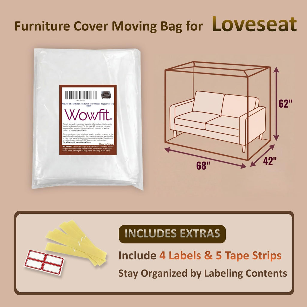 Wowfit Furniture Cover Dust-Proof Moving Bag for Loveseat, Sofa & Boxes – Clear, Odorless Plastic - 4mil-Thick – 68.1W x 42D x 62/41H Inches