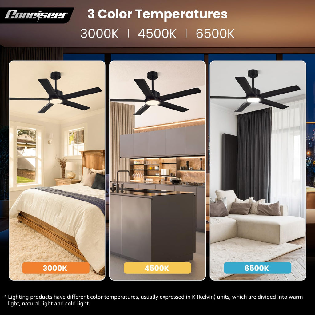 Conciseer Modern Ceiling Fans with Lights,52 Inch Ceiling Fans with Remote for Bedroom Living Room Kitchen, 18W 6CCT Dimmable，5 Blades 6 Speed Reversible Quiet DC Motor Black