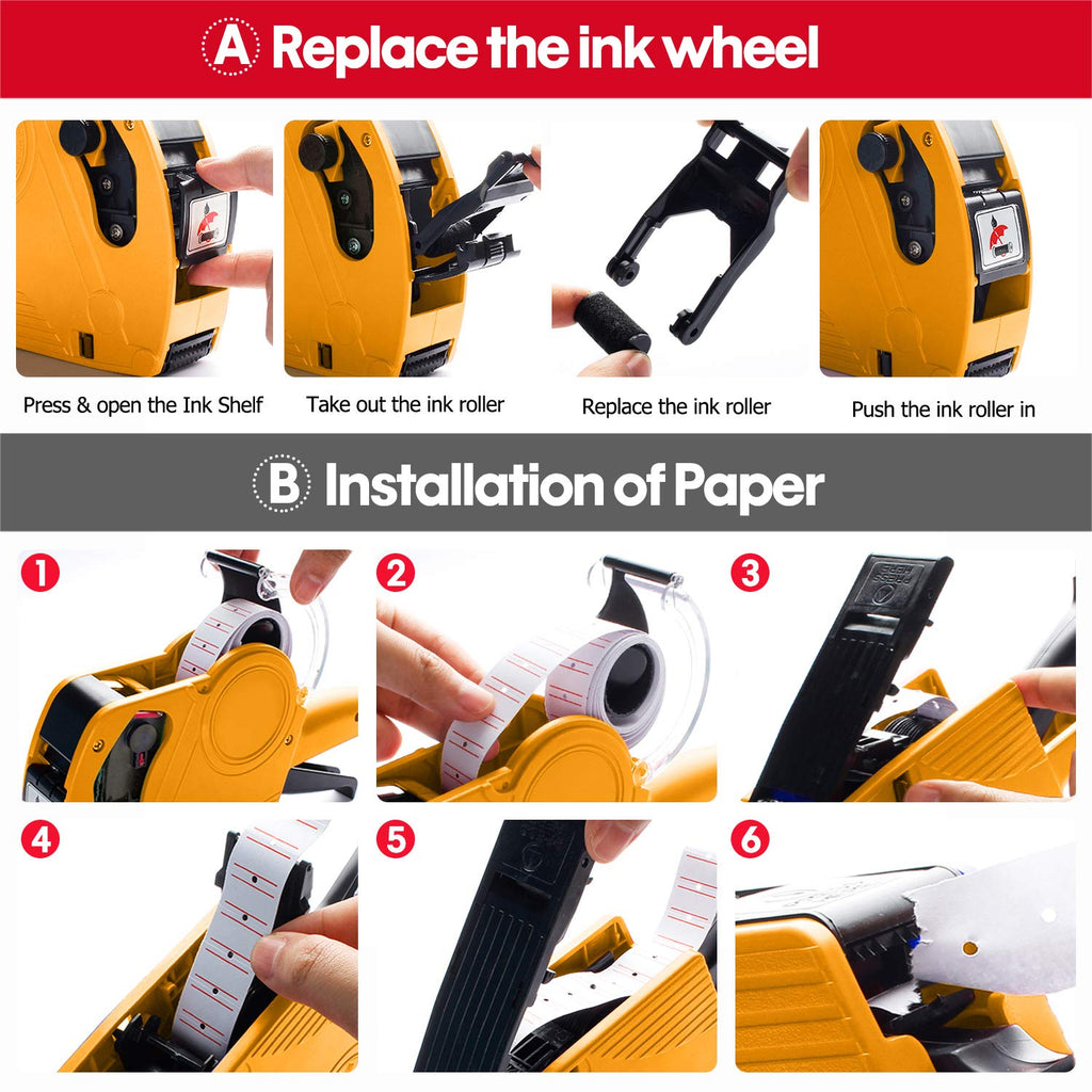 KPX Pricing Tag Gun, 8 Digits, 5150 White Labels, Yellow (Rectangular, Paper, 21*12 mm), One Touch Open System, Incl 3 Inker Rollers