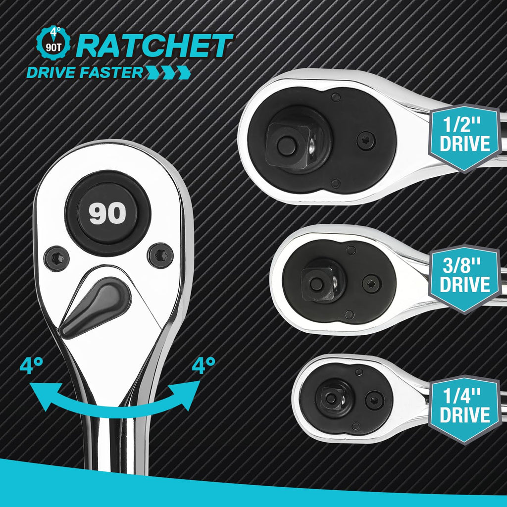 DURATECH 3-Piece Drive Ratchet, 1/4", 3/8", 1/2" 90-Tooth Quick-Release Ratchet Wrench, Reversible, Cr-V Made, Full Polished - with Plastic Insert Storage Box, Gifts for Men, Women, Dad
