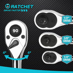 DURATECH 3-Piece Drive Ratchet, 1/4", 3/8", 1/2" 90-Tooth Quick-Release Ratchet Wrench, Reversible, Cr-V Made, Full Polished - with Plastic Insert Storage Box, Gifts for Men, Women, Dad