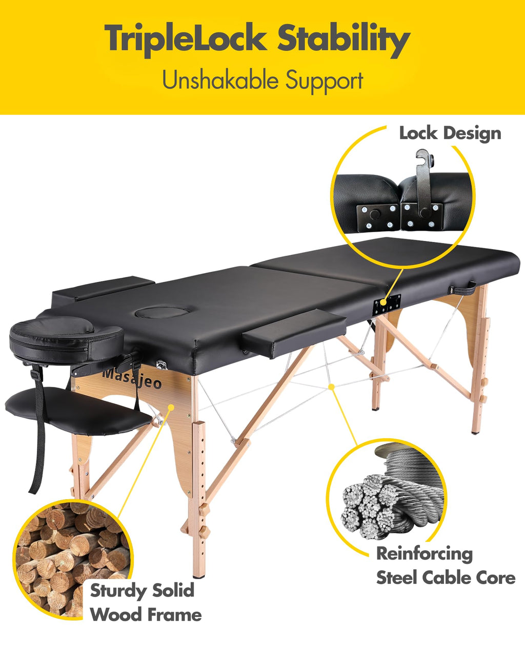 Professional Massage Table Portable Massage Bed for Spa Salon Tattoo Esthetician Lash Reiki, Adjustable Height 84" Long & 500 LBS Load Capacity, Black (2-Section)
