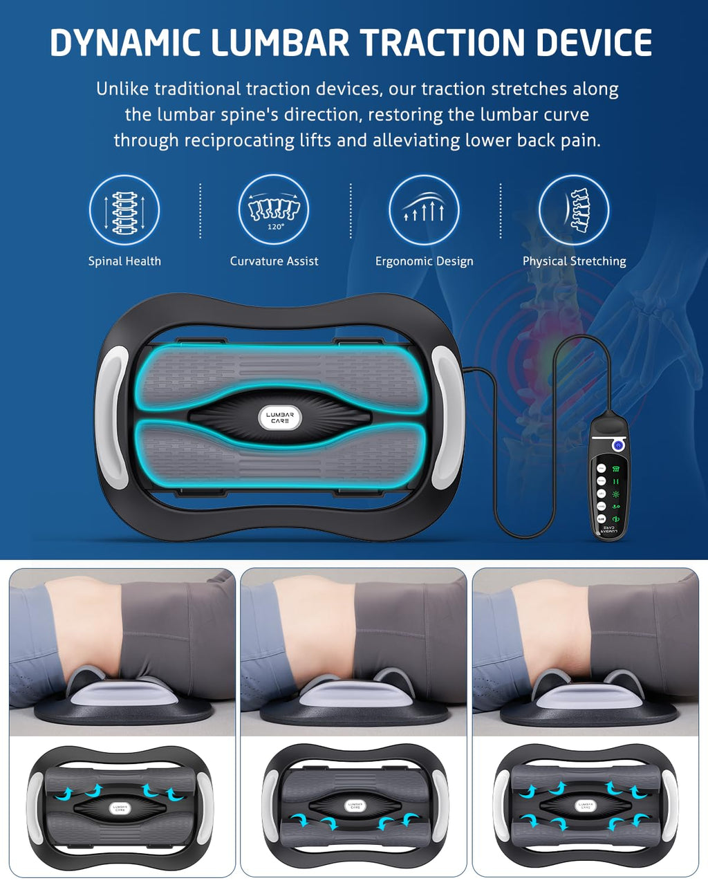 Lower Back Stretching Massager, Electric Lumbar Traction Device with Dynamic Stretching, Adjustable Temperature (104°F - 118.4°F), Vibration Massage - For the Lumbar Spine & Relieving Lower Back Pain