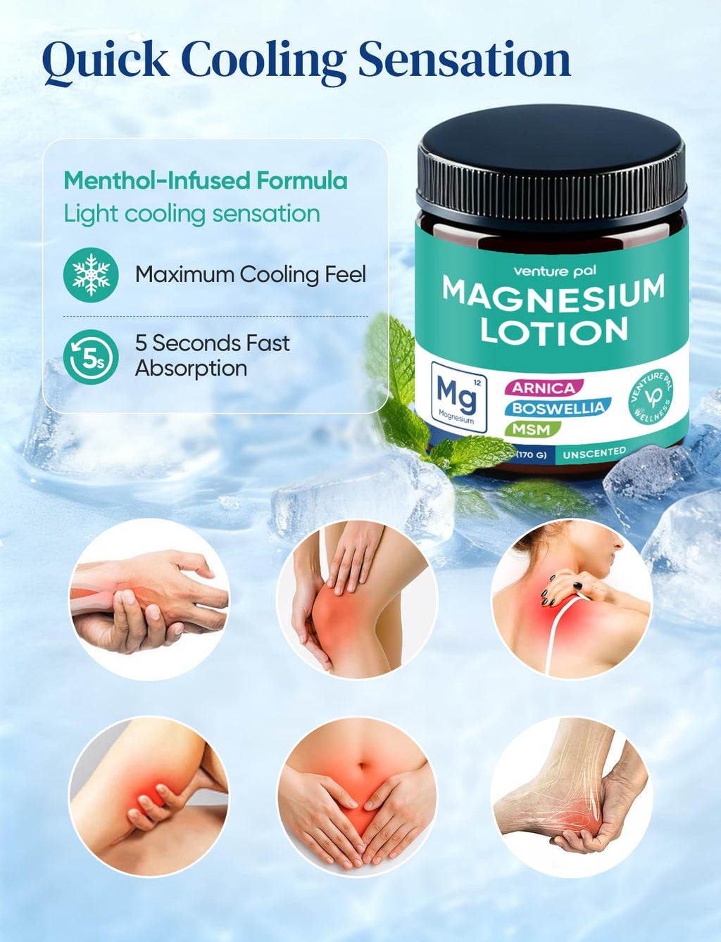 Magnesium Lotion with Arnica, MSM & Boswellia – Cooling Magnesium Cream – Lightweight Moisturizing Lotion for Legs & Feet – Safe for Kids – 6 fl oz