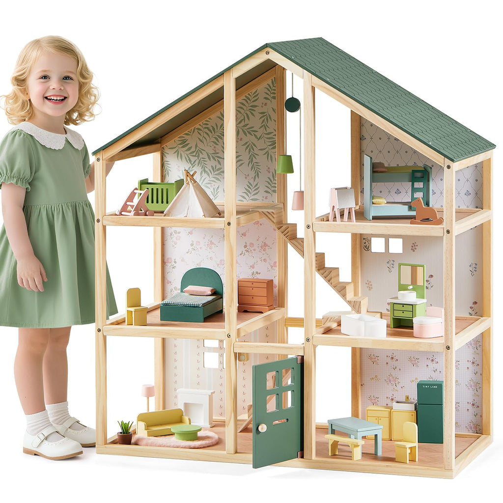 Tiny Land Wooden Dollhouse for Girls - 6 Rooms Wooden Doll House, DIY Pretend Doll House with 31Pcs Furniture Accessories, Creative Gift for Girl Ages 3+, Green