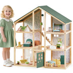 Tiny Land Wooden Dollhouse for Girls - 6 Rooms Wooden Doll House, DIY Pretend Doll House with 31Pcs Furniture Accessories, Creative Gift for Girl Ages 3+, Green