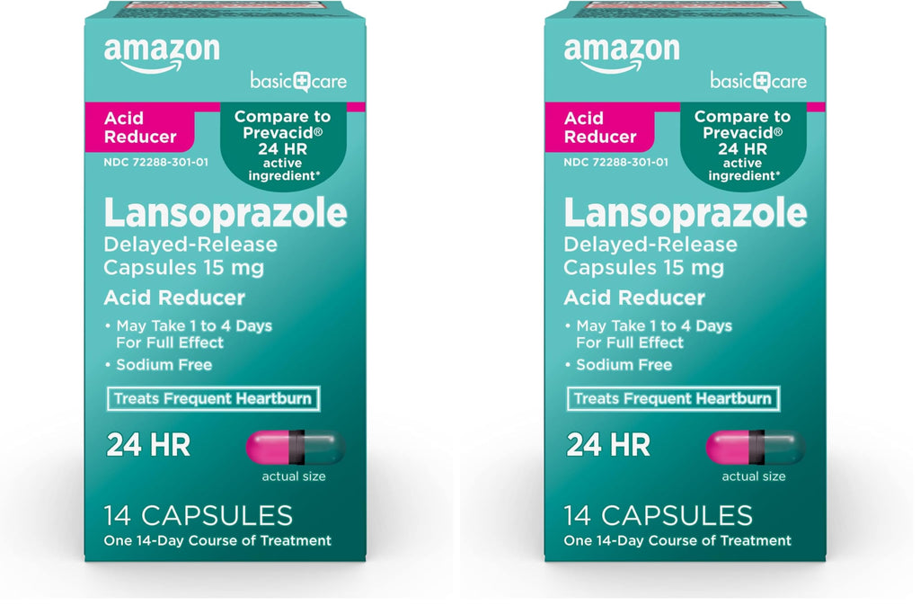 Amazon Basic Care Lansoprazole Delayed Release Capsules, 15 mg, Treats Frequent Heartburn, 14 Count (Pack of 2)