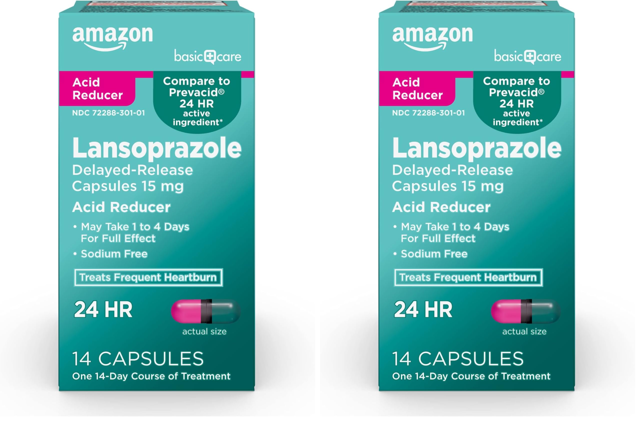 Amazon Basic Care Lansoprazole Delayed Release Capsules, 15 mg, Treats Frequent Heartburn, 14 Count (Pack of 2)