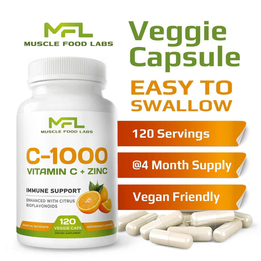 MUSCLE FOOD LABS | Vitamin C + ZINC | C - 1000 | VIT C 1000mg | Zinc 25mg | Citrus Bioflavonoids 25mg | Non-GMO & Gluten Free | 120 Capsules