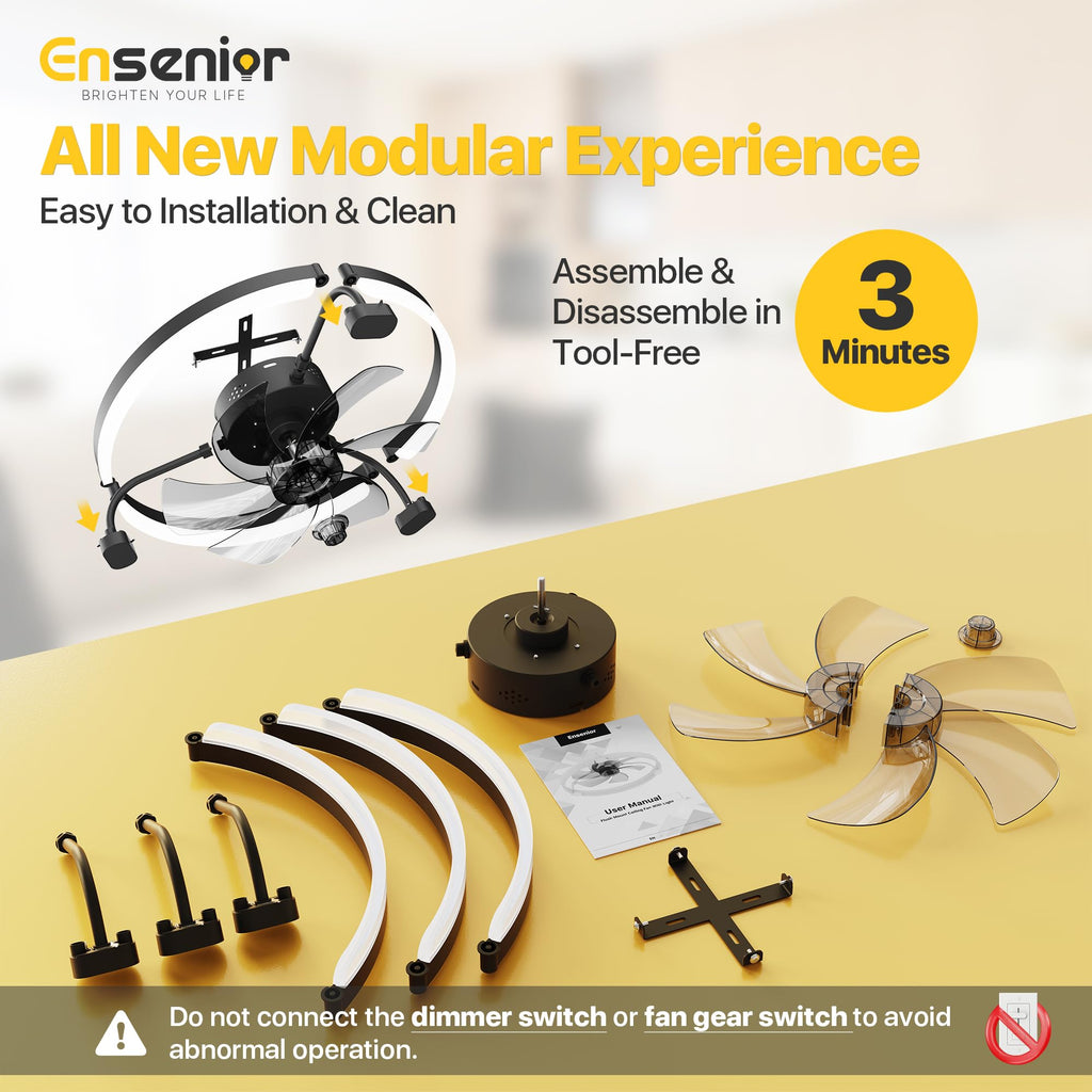Ensenior 20 Inch Flush Mount Ceiling Fans with Lights, APP Control, Black