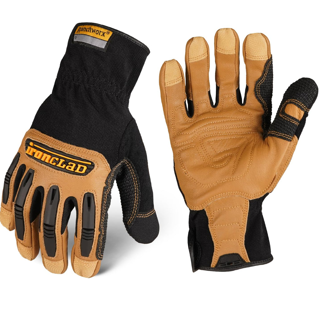 Ironclad Ranchworx Work Gloves RWG2, Premier Leather Work Glove, Performance Fit, Durable, Machine Washable, (1 Pair), RWG2-07-XXXL, Tan/Black