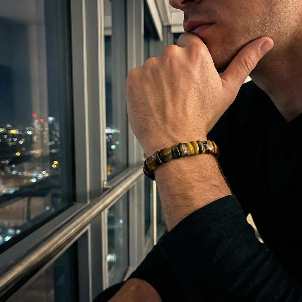 GALKCRST Tiger Eye Bracelets Men Yellow Blue Stone, Adjustable, Bone Beads