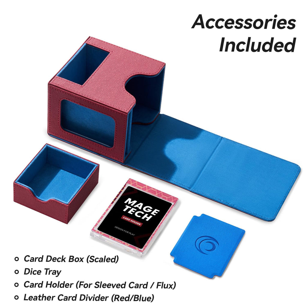 Mage Tech Card Deck Box for MTG Commander - Patented Design, Commander Display, Fits 100 Double-Sleeved Cards, 35pt Card Brick & Dice Tray - Red/Blue