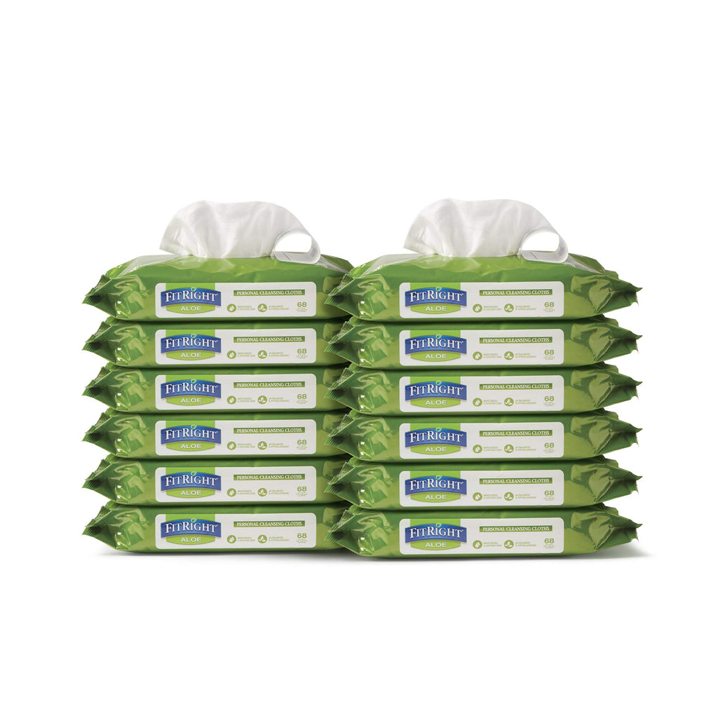 FitRight Aloe Personal Cleansing Cloth Wipes, Scented, 8 x 10 inch Adult Large Incontinence Wipes, 68 Count, Pack of 12