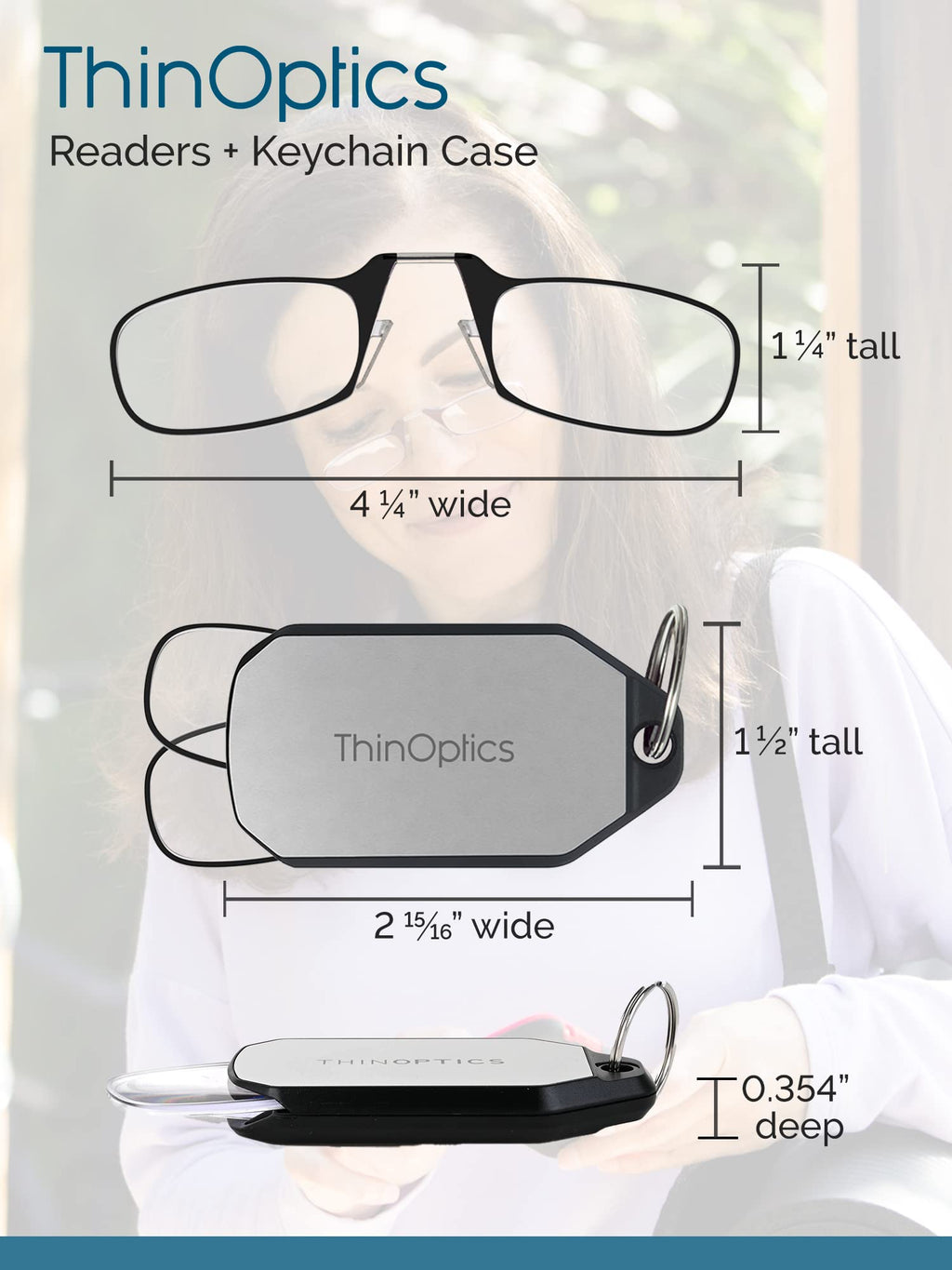 ThinOptics Keychain Case and Readers Rectangular Reading Glasses, Black,Lens Width: 44.45 Millimeters