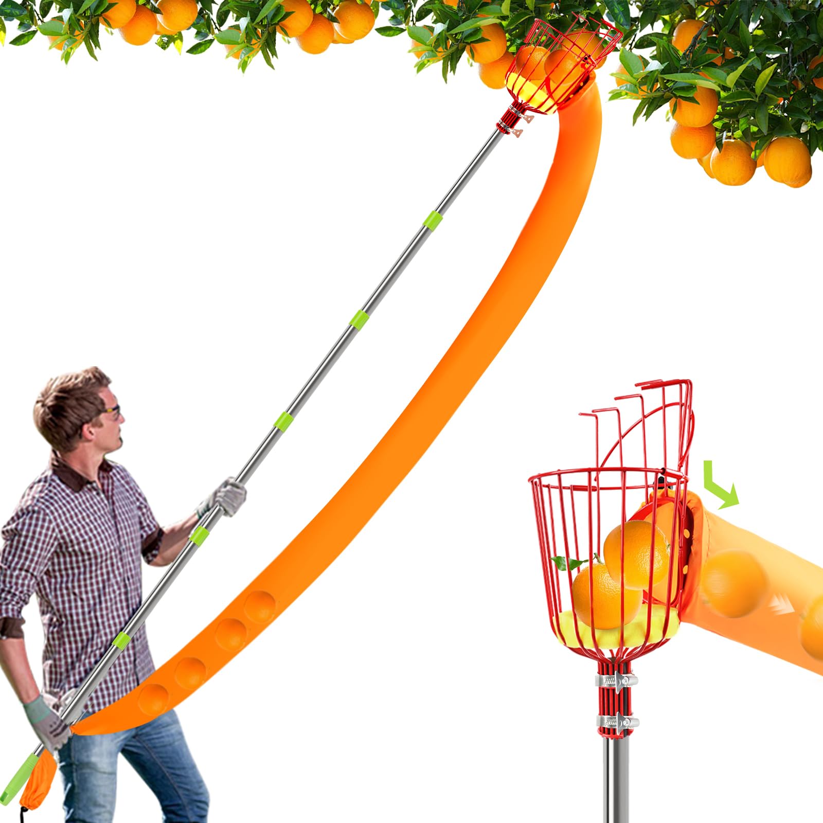 UQM 12.8FT Fruit Picker Pole Adjustable with Basket Harvest Bag