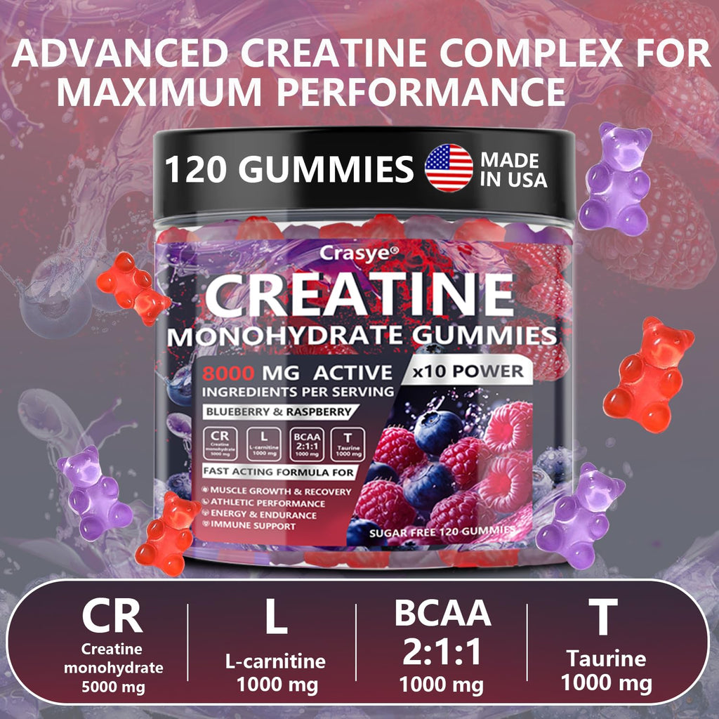Crasye Creatine Monohydrate Gummies Complex 8000 MG for Men Women, Creatine Gummy with Taurine BCAA for Energy Support and Muscle Strength, Sugar Free Pre-Workout Supplement