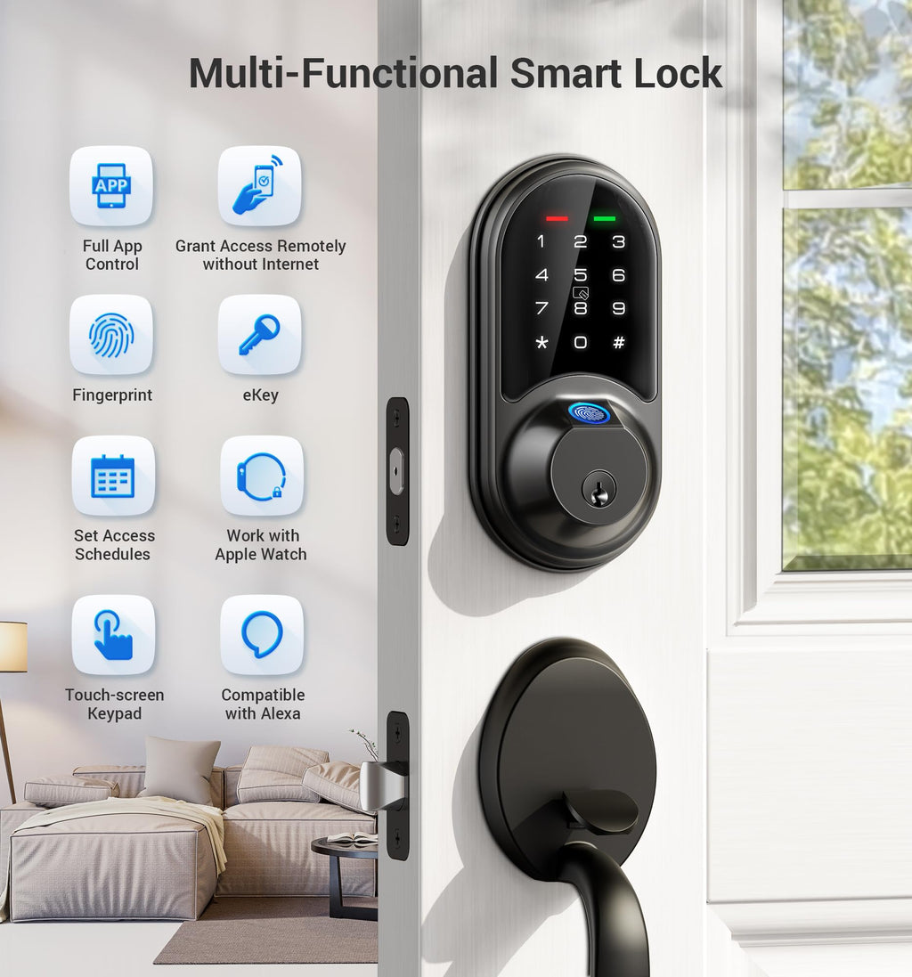 Veise RZ07 Fingerprint Smart Lock, 7-in-1 Smart Locks for Front Door, Keyless Entry Door Lock with App Control, Biometric Electronic Touchscreen Keypad Deadbolt, Matte Black