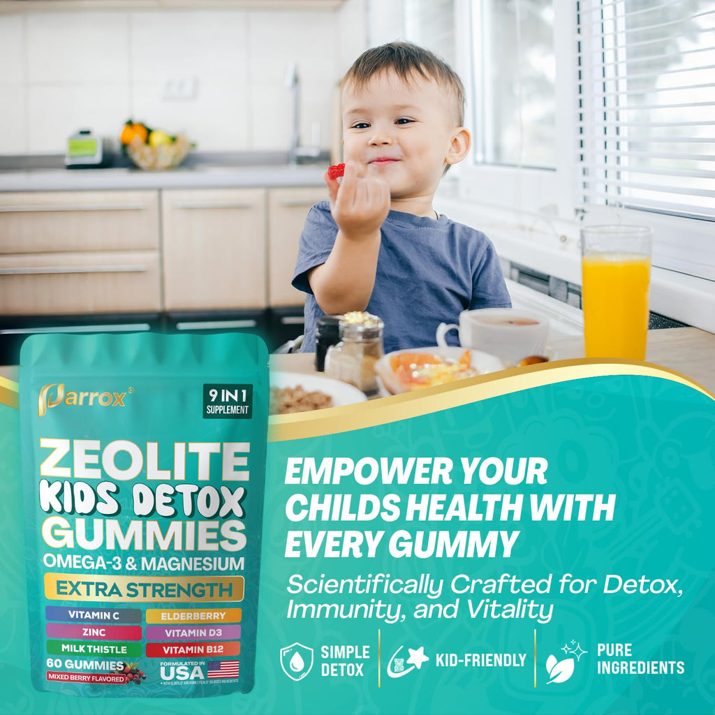 Parrox Zeolite Kids Gummies, 9-in-1 with Zeolite, Omega-3, Magnesium, Elderberry, Vitamin C, Milk Thistle, Vitamin D3, Zinc, B12 – Sugar-Free (60 Gummies – Mixed Berry Flavor)