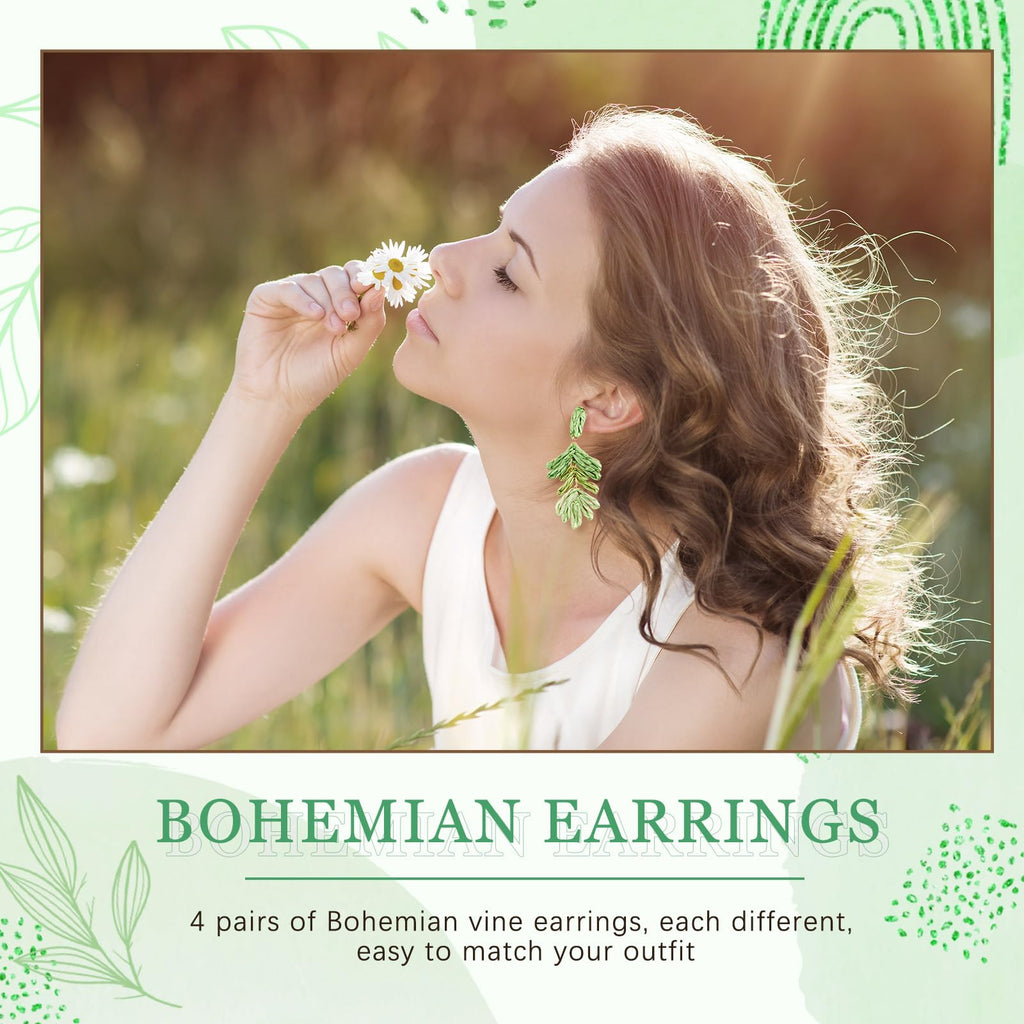 Meekoo 4 Pairs Handmade Boho Rattan Earrings for Women,Colorful