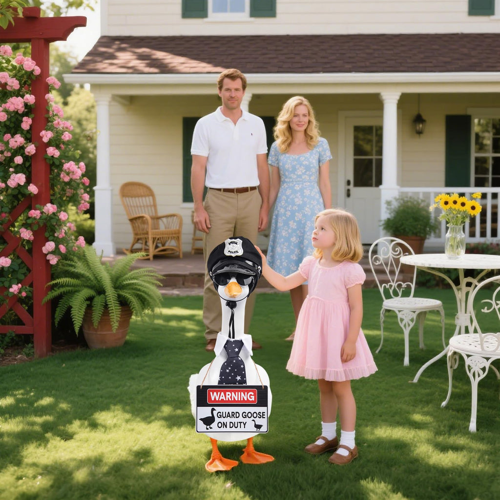 yuboo 4Pcs Police Officer Porch Goose Outfit, Funny Guard Goose Clothes for 23 Inch Large Geese, Includes Hat Sunglasses Tie & Warning Sign, 4th of July Summer Garden Yard Decor