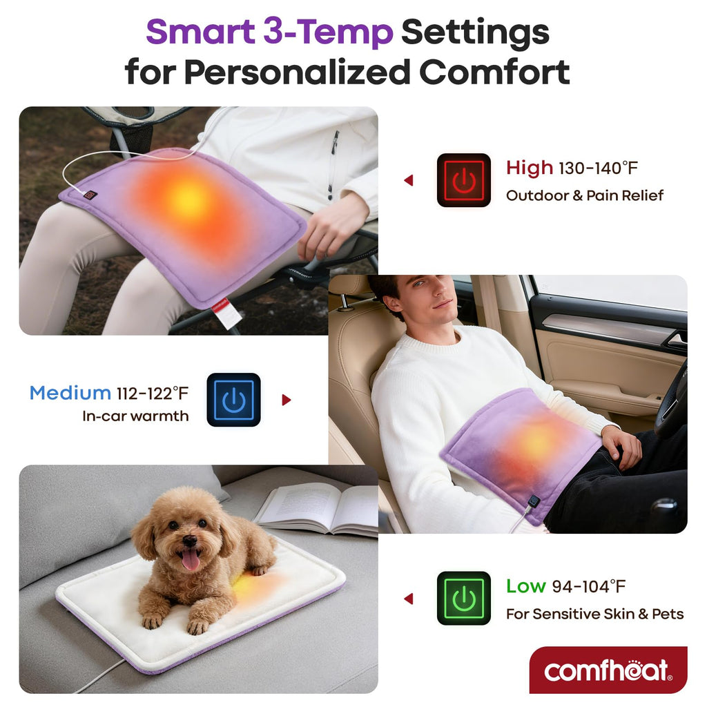 Comfheat USB Plug-in Heating Pad for Travel Warmth Outdoors, Non-Rechargeable Small Heated Pad 5V Heat Therapy for Pain Relief Abdomen Cramps, 3 Heat Settings & Auto Shut Off (12"x 16") Purple