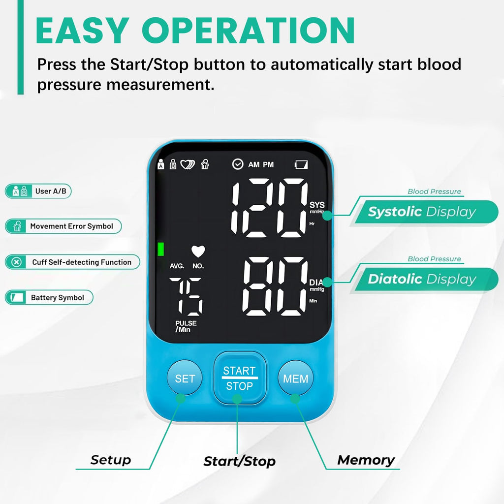 Blood Pressure Monitor Upper Arm Monitors for Home Use BP Machine with 2x120 Reading Memory Adjustable Arm Cuff 8.7"-15.7" Large Display with LED Background Light Storage Bag Light Blue
