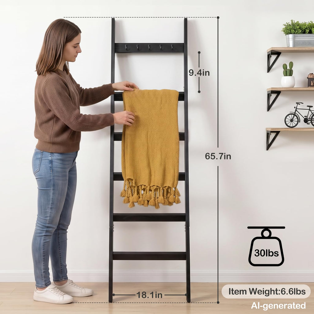 TEAKMAMA 6-Tier 5.4ft Blanket Ladder with Hooks Farmhouse Black
