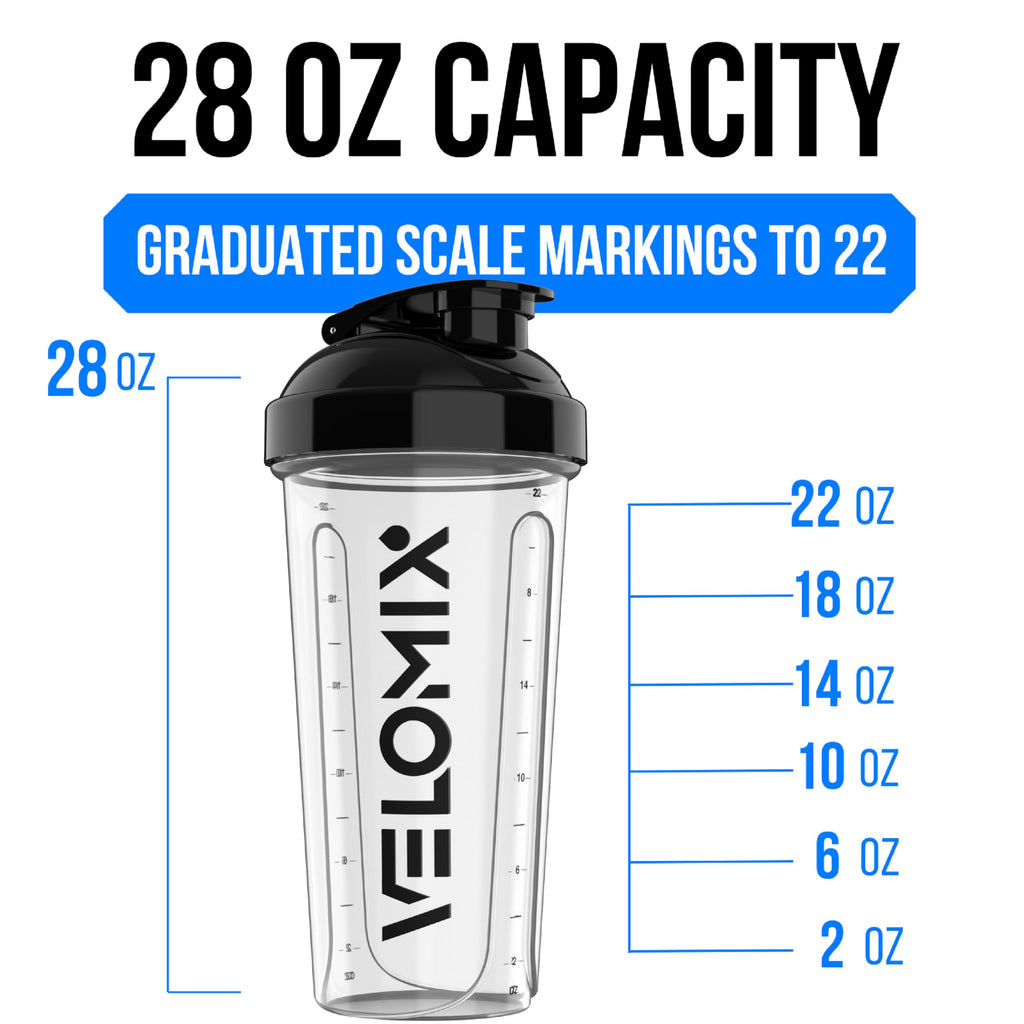 VELOMIX -6 PACK- 28 oz Protein Shaker Bottle for Protein Mixes -6x Wire Whisk | Leak Proof Shaker Cups for Protein Shakes | Large, Stackable Protein Shaker Bottle Pack (Blacks and Transparents)