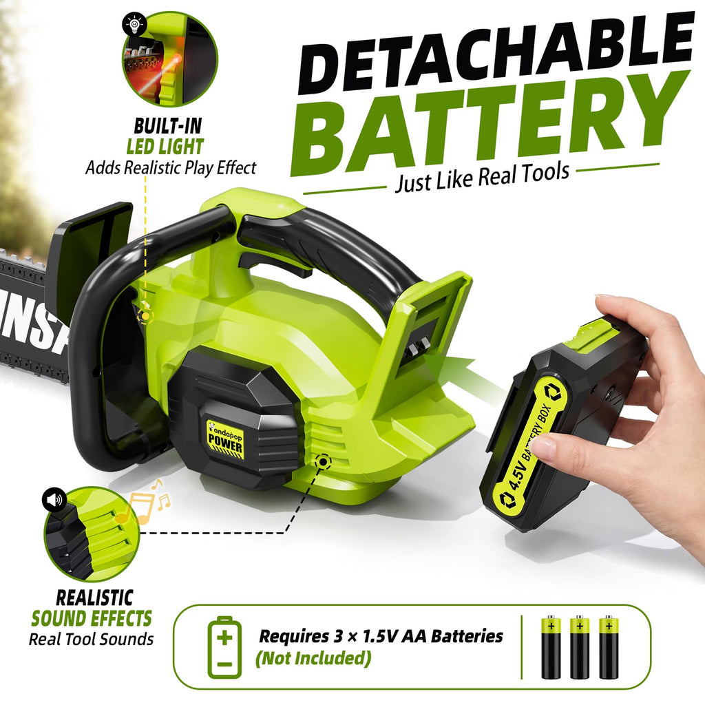 Pandapop Kids Gardening Tools Set, 2 in 1 Toy Chainsaw with Realistic Sound