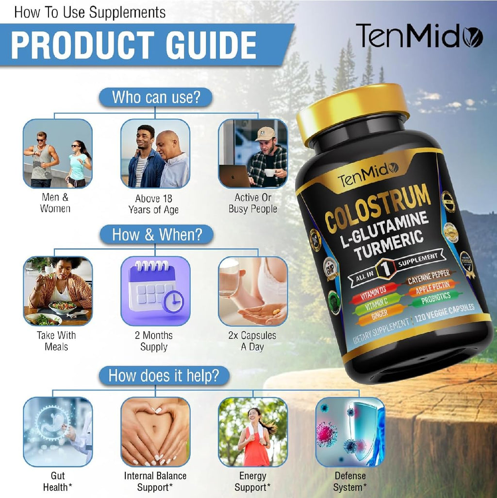 Tenmido Colostrum Supplement - 10in1 Formula - Combine with L- Glutamine, Turmeric, Cayenne Pepper, Apple Pectin, Probiotics, Ginger, and More - Digestive Health, Immune Support - 120 Capsules