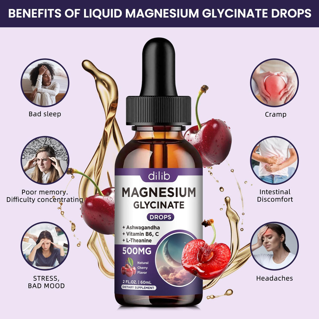 (2 Pack) Magnesium Glycinate Liquid Drops 500mg, with Vitamin B6, Ashwagandha, L - Theanine, Chamomile, Magnesium Glycinate Supplement High Absorption for Sleep, Stress, Energy Mood - Cherry Flavor