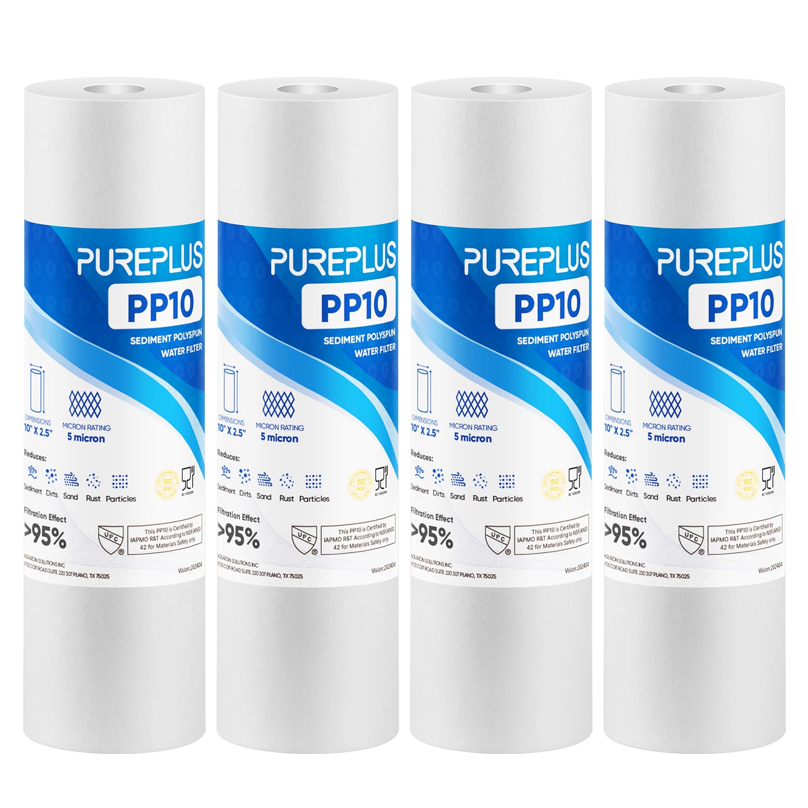 PUREPLUS 5 Micron 10" x 2.5" Whole House Sediment Home Water Filter Cartridge Replacement for Any 10 inch RO Unit, Culligan P5, Aqua-Pure AP110, Dupont WFPFC5002, CFS10, WHKF-G05, 4Pack