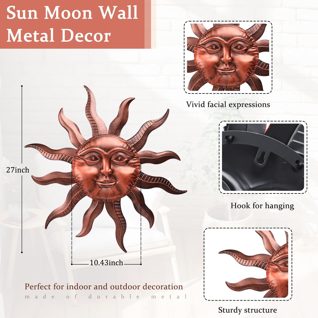 VCUTEKA Outdoor Metal Wall Art 27 Inch Sun Wall Decor for Garden Fence Yard