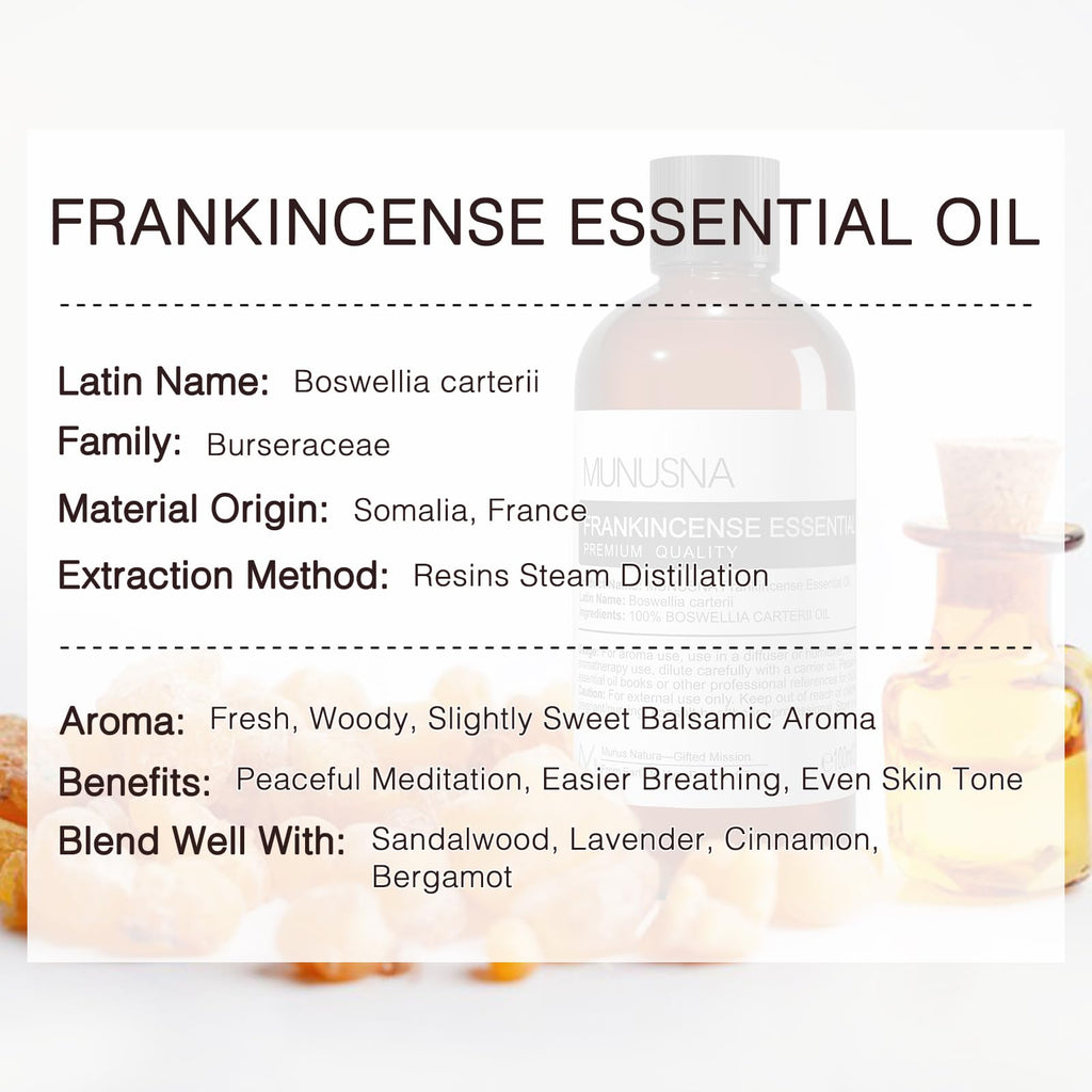 MUNUSNA Frankincense Essential Oil 100ML,100% Pure Natural Frankincense Oils Premium Grade Aromatherapy Oil for Hair, Face, Skin, Body Care, Diffuser, Massage, Soap and Candle Making