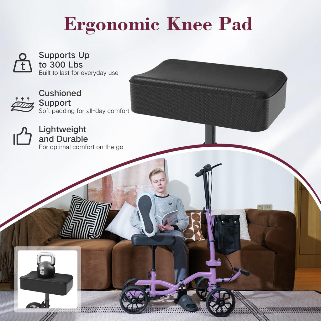 Fvzzin Lightweight Knee Scooter Crutch Alternative, Foldable & Adjustable Knee Scooter for Adults for Foot Surgery, Steerable Knee Walker with Detachable Basket, Includes DIY Stickers-Cream Purple