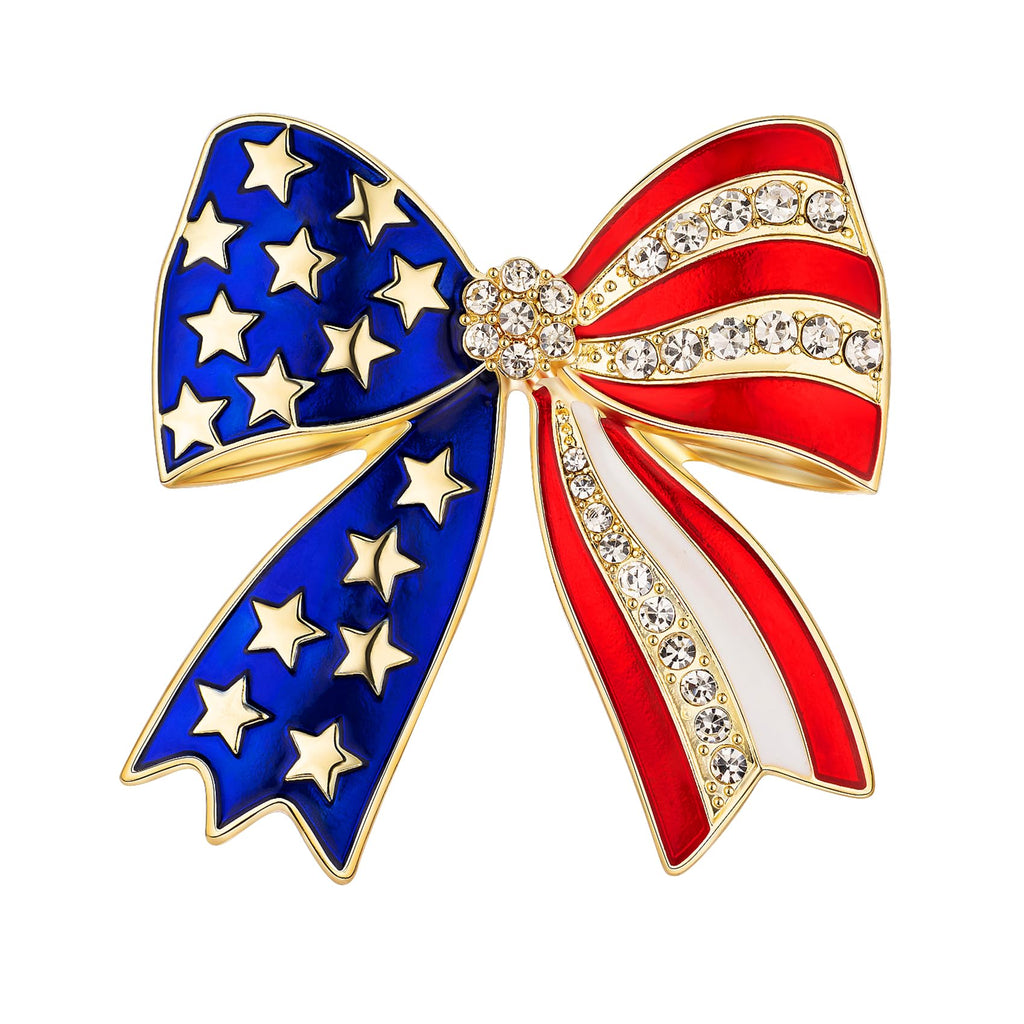 4th of July Pins, American Flag Enamel Pins, Gold Bow Brooches for Women
