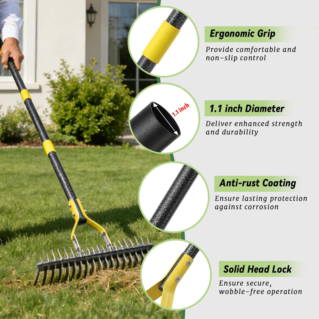 Thatch Rake, 15-Inch Wide Manual Dethatcher Rake for Cleaning Dead Grass, Loosening Soil, 55" Efficient Steel Metal Dethatching Rake with Long Adjustable Handle, Thatch Rakes for Lawns, Yard, Garden