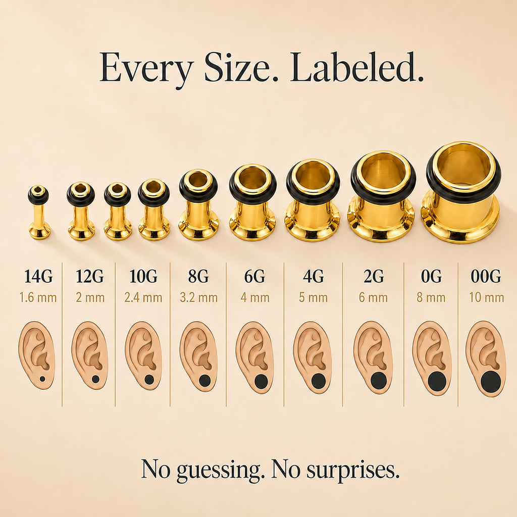 BodyJ4You 36PC Ear Stretching Kit - Complete Beginner Set Gauges for Ears 14G-00G - Goldtone Stainless Steel Tapers Single Flare Plugs Tunnels - Dead Stretching Lobe Men Women Expander Piercing