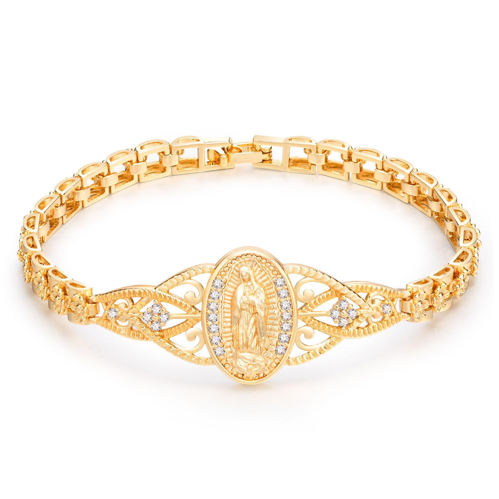 Gold Catholic Bracelet for Women-14k Gold Plated Bracelet,Hypoallergenic Non Tarnish Trendy Jewelry,Dainty Stainless Steel Cubic Zirconia Religious Baptism Virgin Mary Bracelets Gifts for Mom