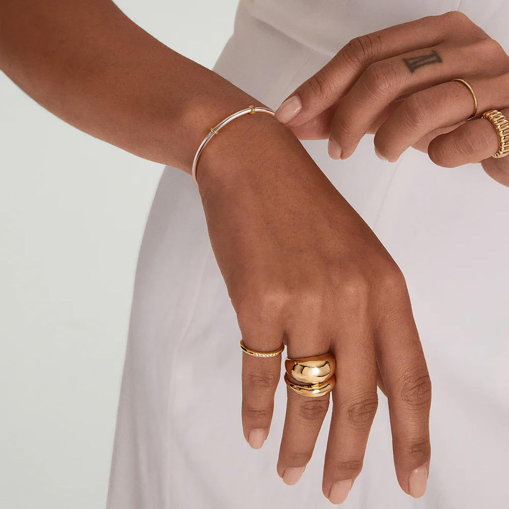 NOKMIT Two-Tone Stackable Bangle for Women High Polished Thin Interlocking Stainless Steel Bracelets Classic Plain Non-Tarnish Gold&Silver Mixed Metal 1PC/3PCS (1pc, 8.0inch)